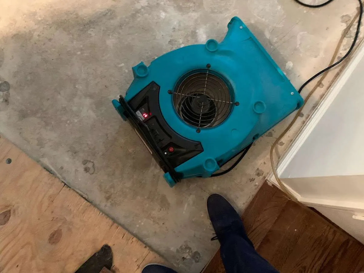 Air mover drying subfloor during Commercial Water Damage Restoration in Willowick